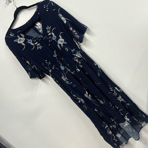 Blue floral midi dress flare sleeve 10-12